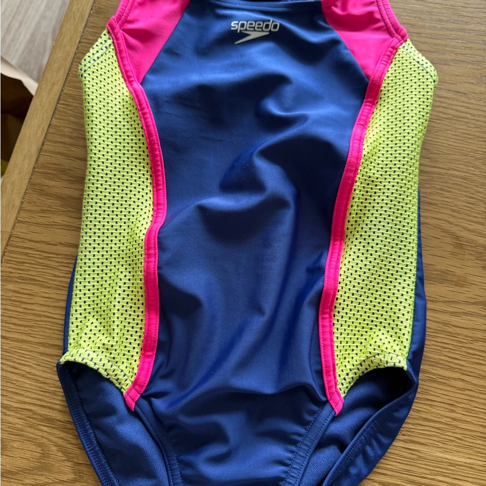 Speedo Girl's Youth One Piece Swimsuit child size S Blue with Pink & Yellow
